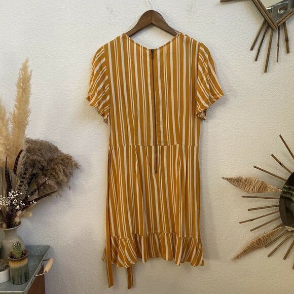 Xhilaration Striped Wrap Short Sleeve Ruffle Mini Dress -Mustard & White Size L - Picture 2 of 8
